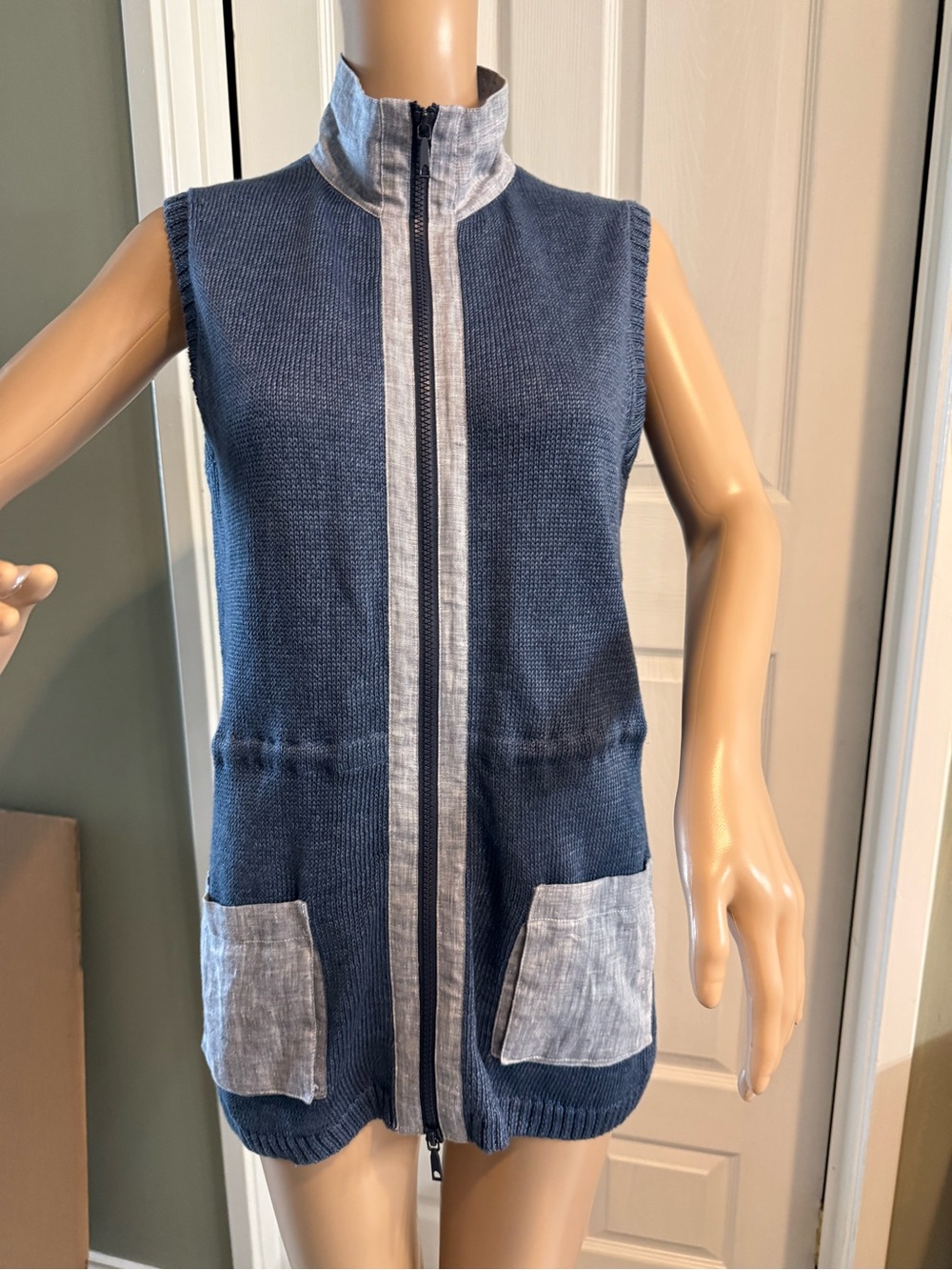 Lafayette 148 Hemp Utility Cardigan Vest Blue Size S Casual Quiet Luxury